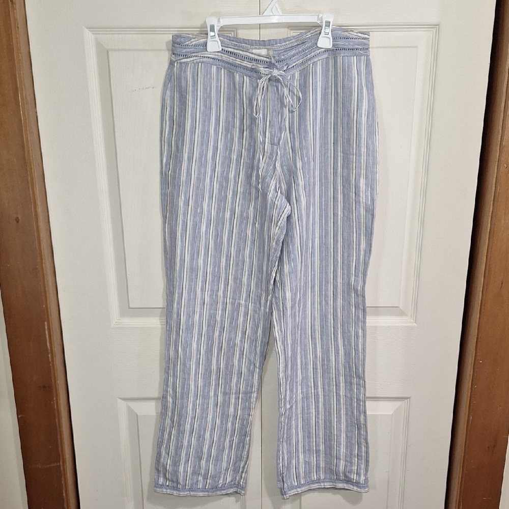 Striped Pure Linen Trousers with Drawstring - 8 - Blue Tan